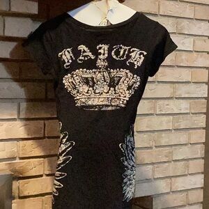 Black V-Neck Women’s Top with rhinestone crown, faith, short sleeve Design